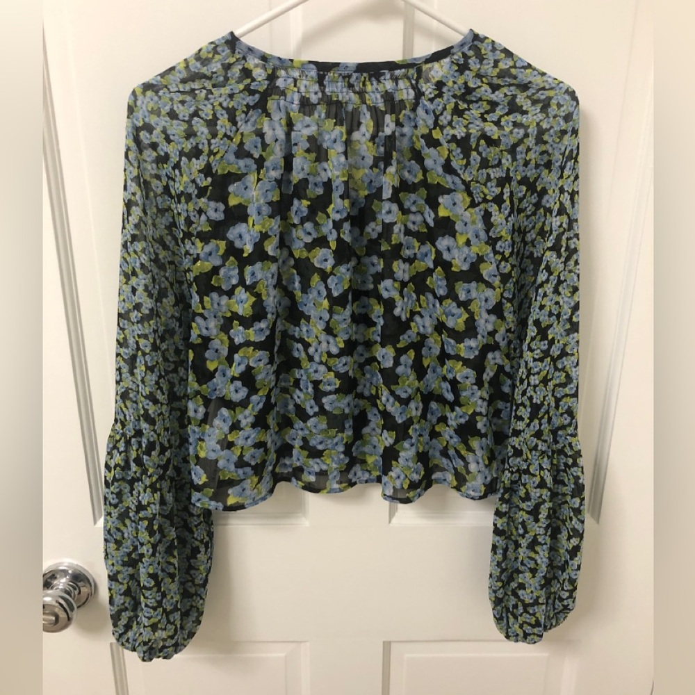 NWT Zara Sheer Black button up top Blue Floral Print Long sleeve boho size S - Picture 6 of 7